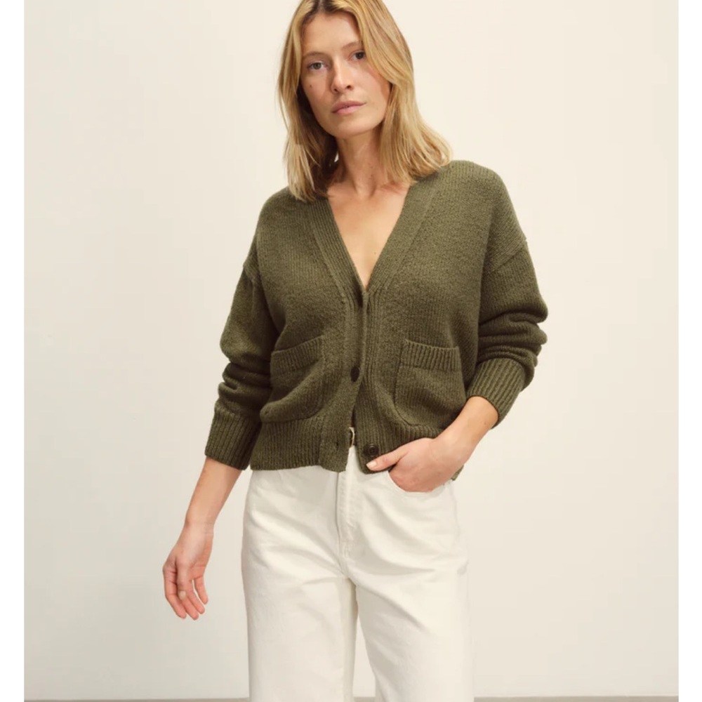 Buck Mason Olive Green V‑Neck Button Cardigan